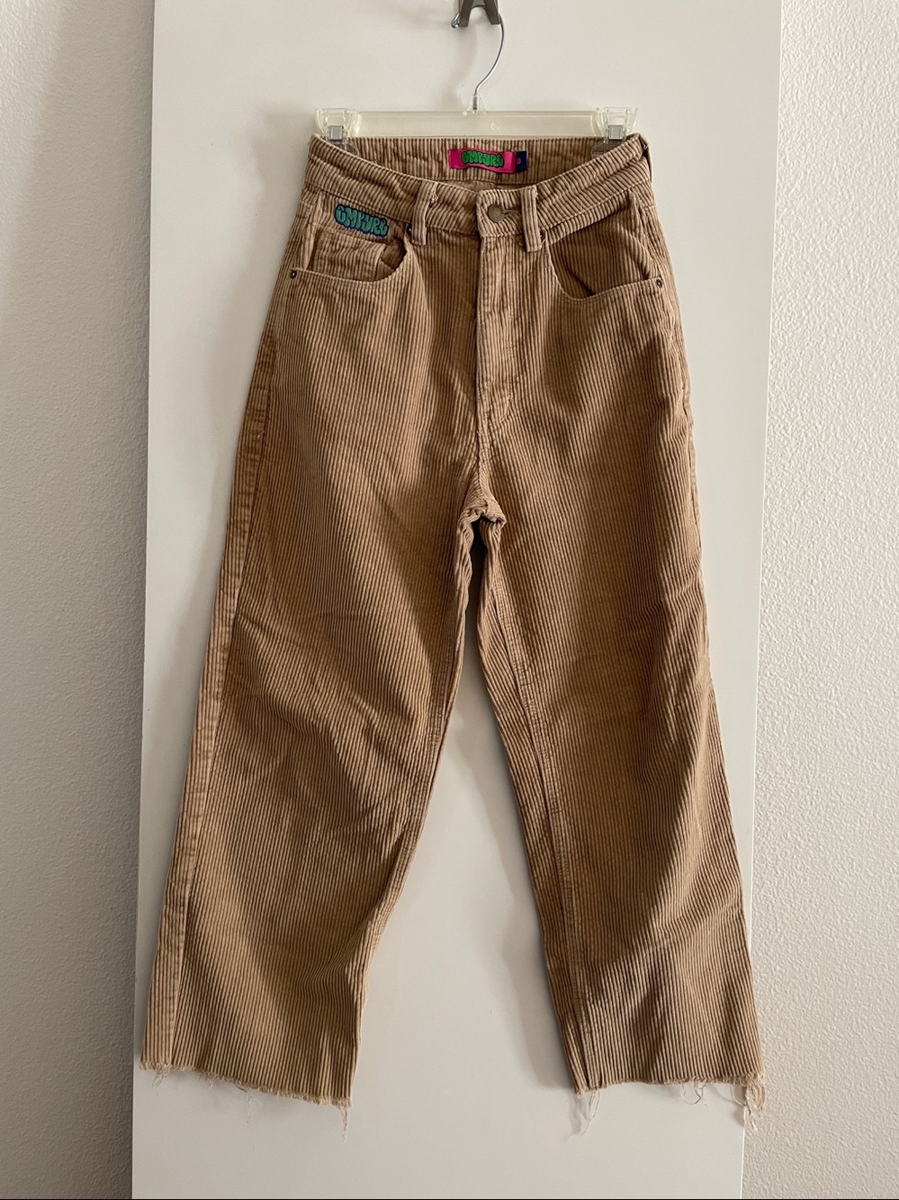 Y2K Empyre-Pure Cotton Corduroy Boyfriend Pants High Rise Tan Wide Leg Raw Hem
